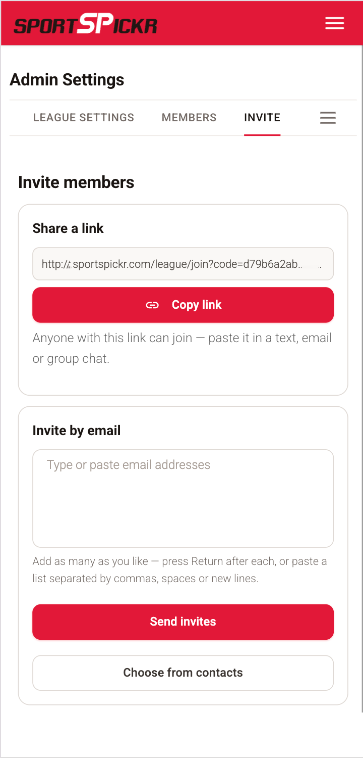 The invite screen on a phone: share a join link or invite by email