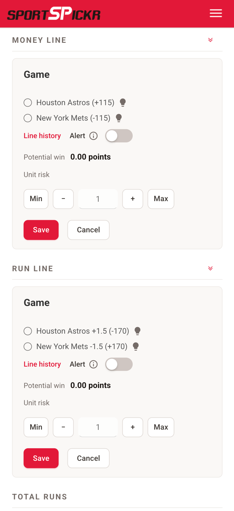 Making a pick on a phone: the money line and the run line for an Astros-Mets game