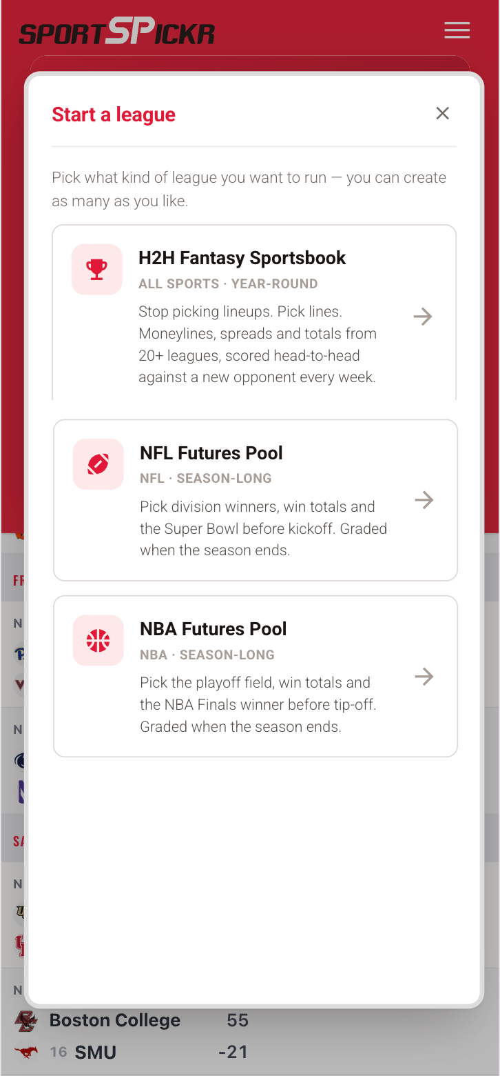 The &lsquo;Start a league&rsquo; chooser on a phone: pick which contest to run
